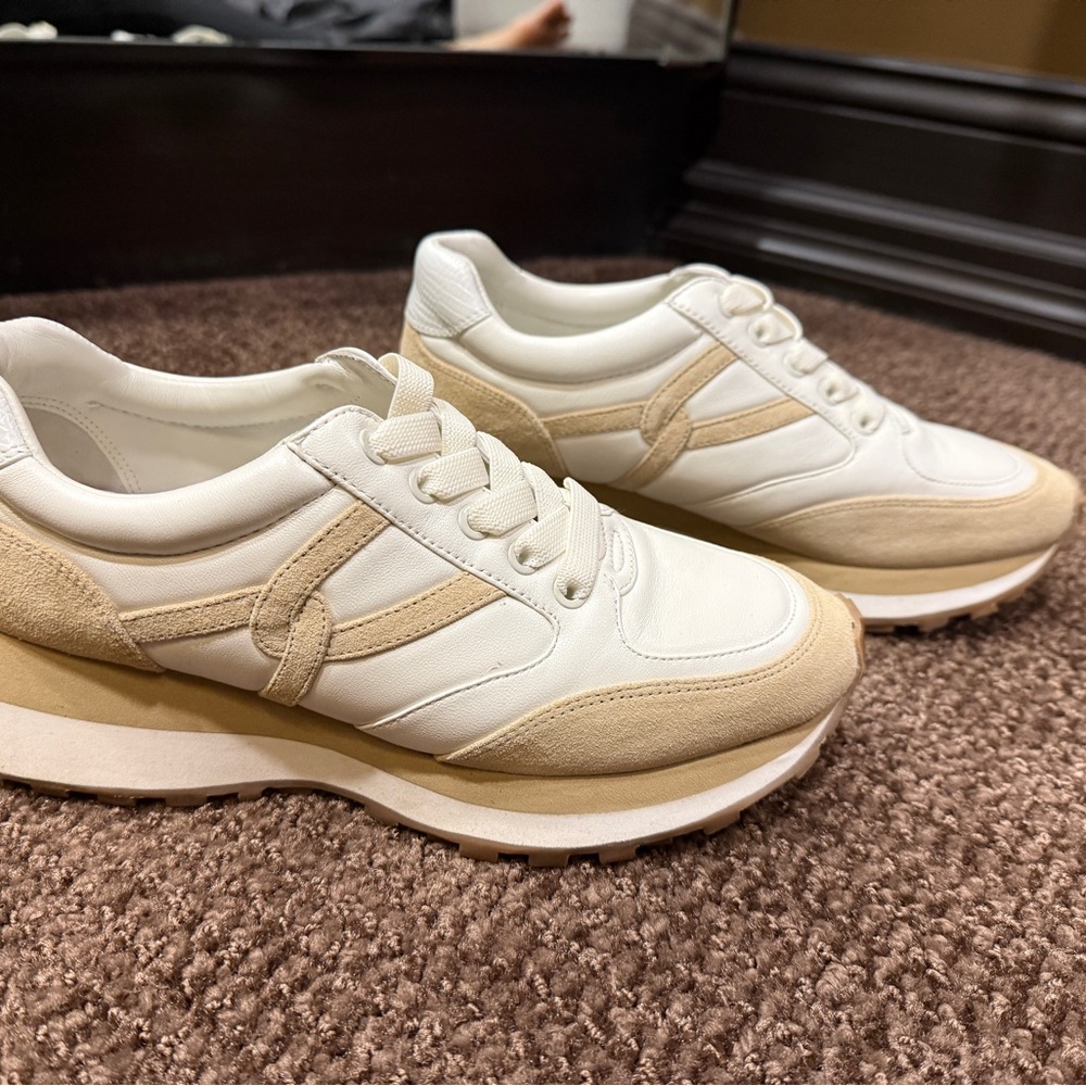 Veronica Beard Cream and Tan Leather Suede Lace-Up Sneakers